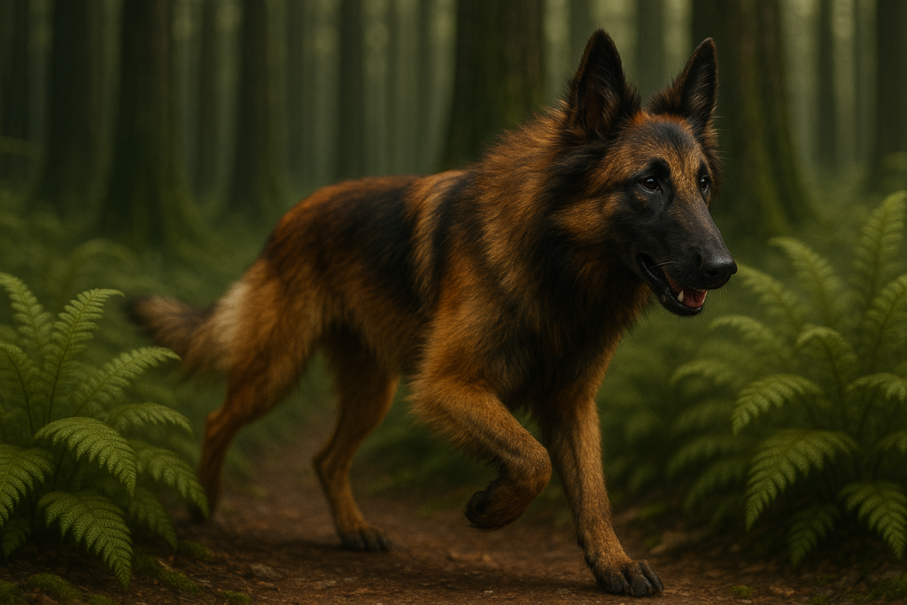 Pastor Belga Tervuren cazando en el bosque. Perro cazador Pastor Belga Tervuren